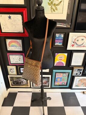 Coach Brown Signature Crossbody with Tan Leather Trim